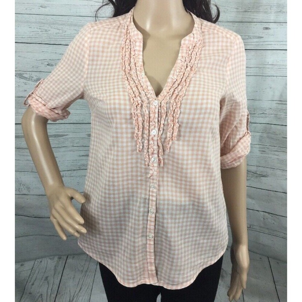 LC Lauren Conrad Pink Gingham Blouse XS V-Neck Ruffled Button Down Shirt Casual